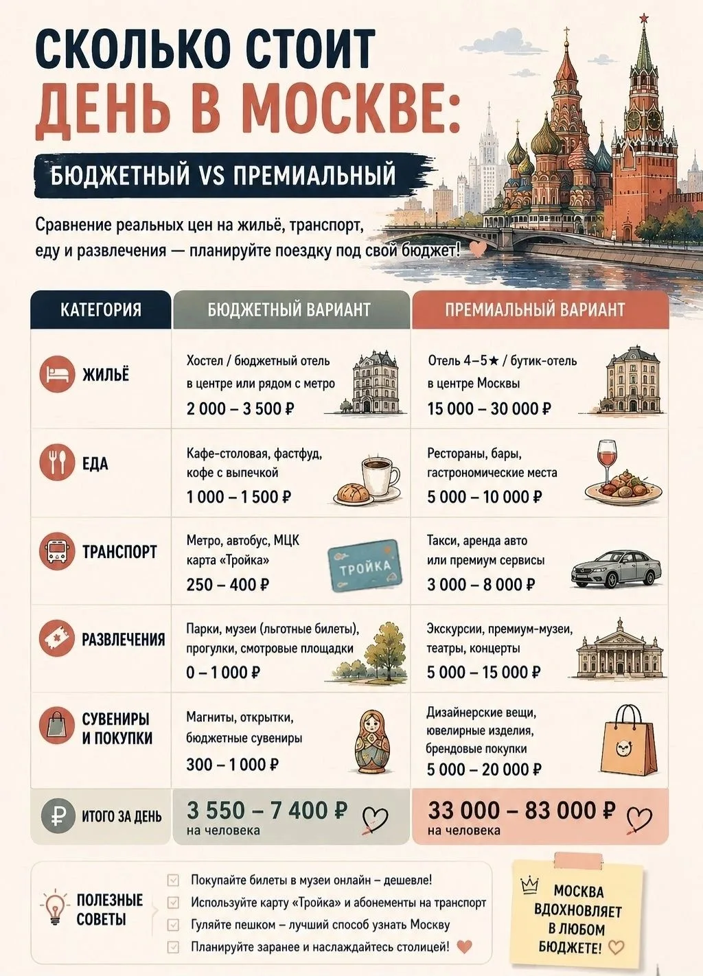 Сколько стоит день в Москве? Два сценария на любой кошелёк

Москва- город контрастов. Здесь можно ши