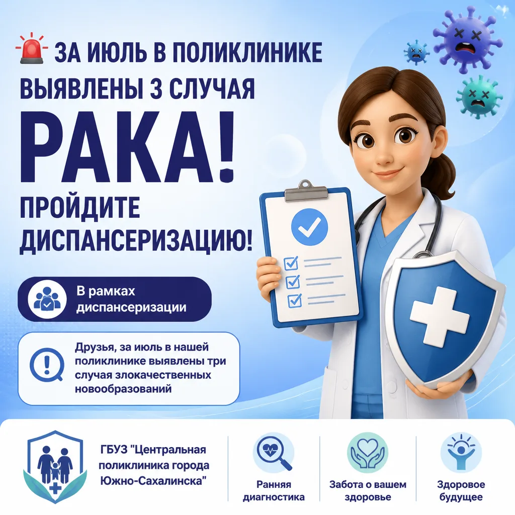 🚨 За июль в поликлинике выявлены 3 случая рака! Пройдите диспансеризацию!