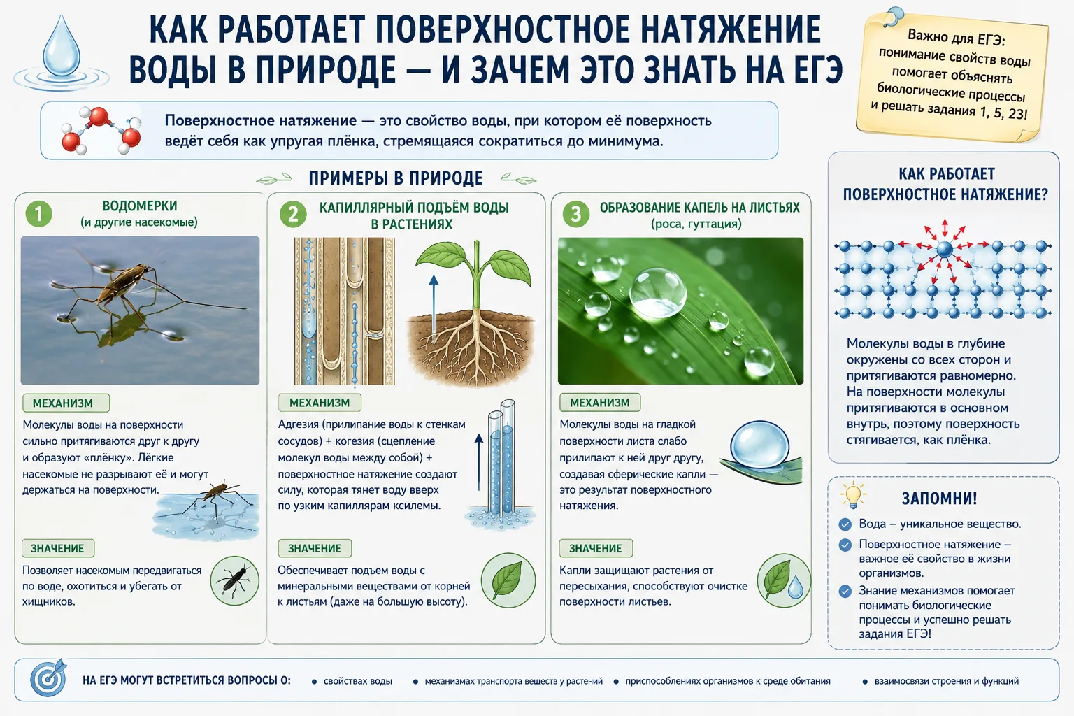 Как работает поверхностное натяжение воды в природе — и зачем это знать на ЕГЭ
