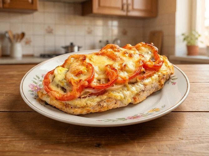 Сочная курица по-французски — Нежное куриное филе, запечённое с яйцом, помидорами и сырной шапкой. ~