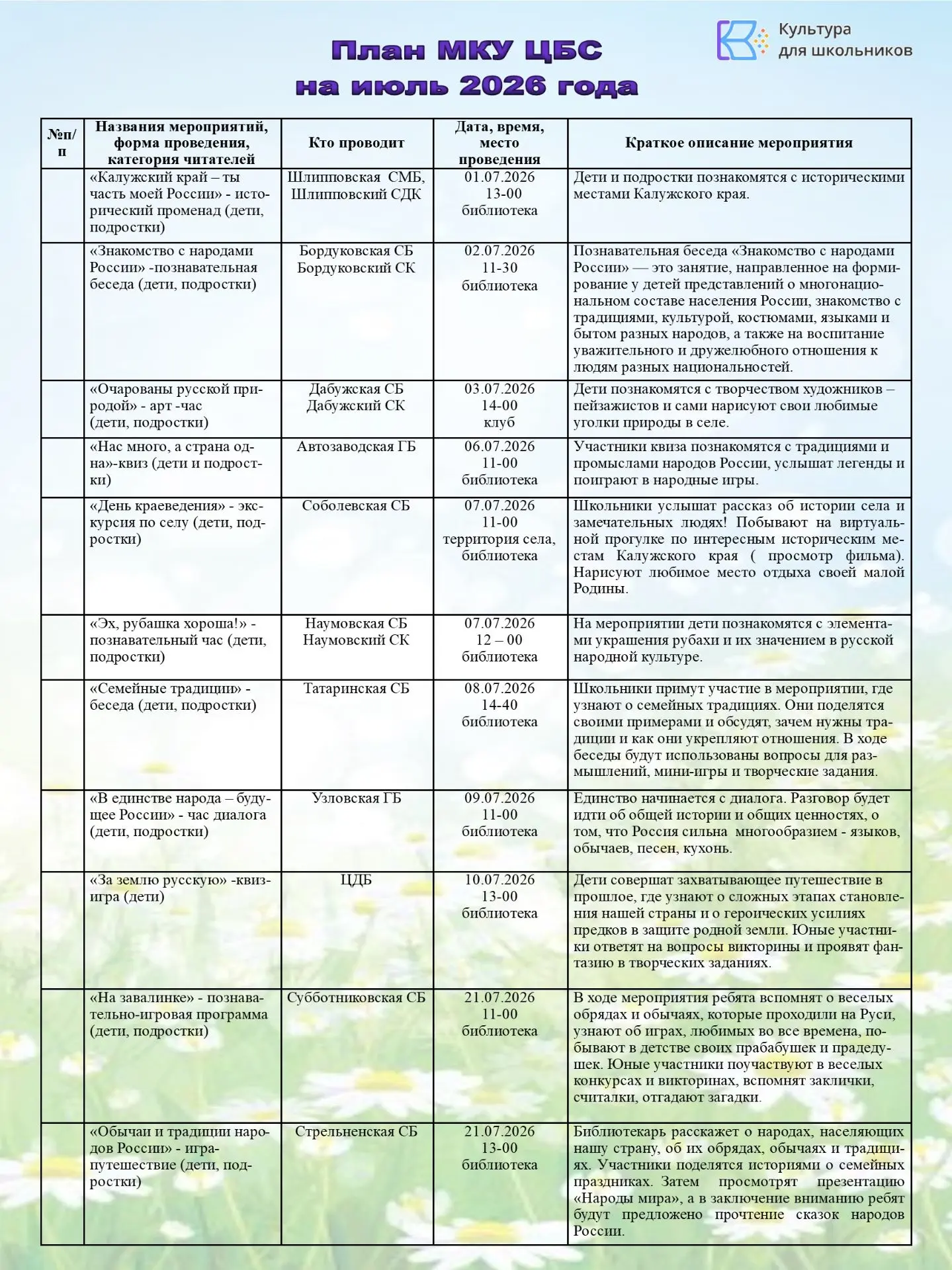 План мероприятий "Культура для школьников" на июль
