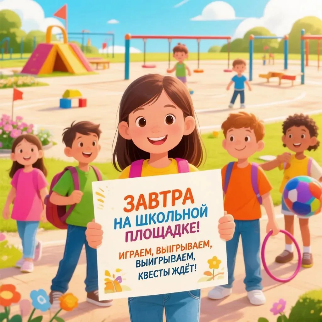 «Внимание всем школьным искателям приключений! 
Завтра, 17 июля,  на школьной площадке в 11:00 пригл