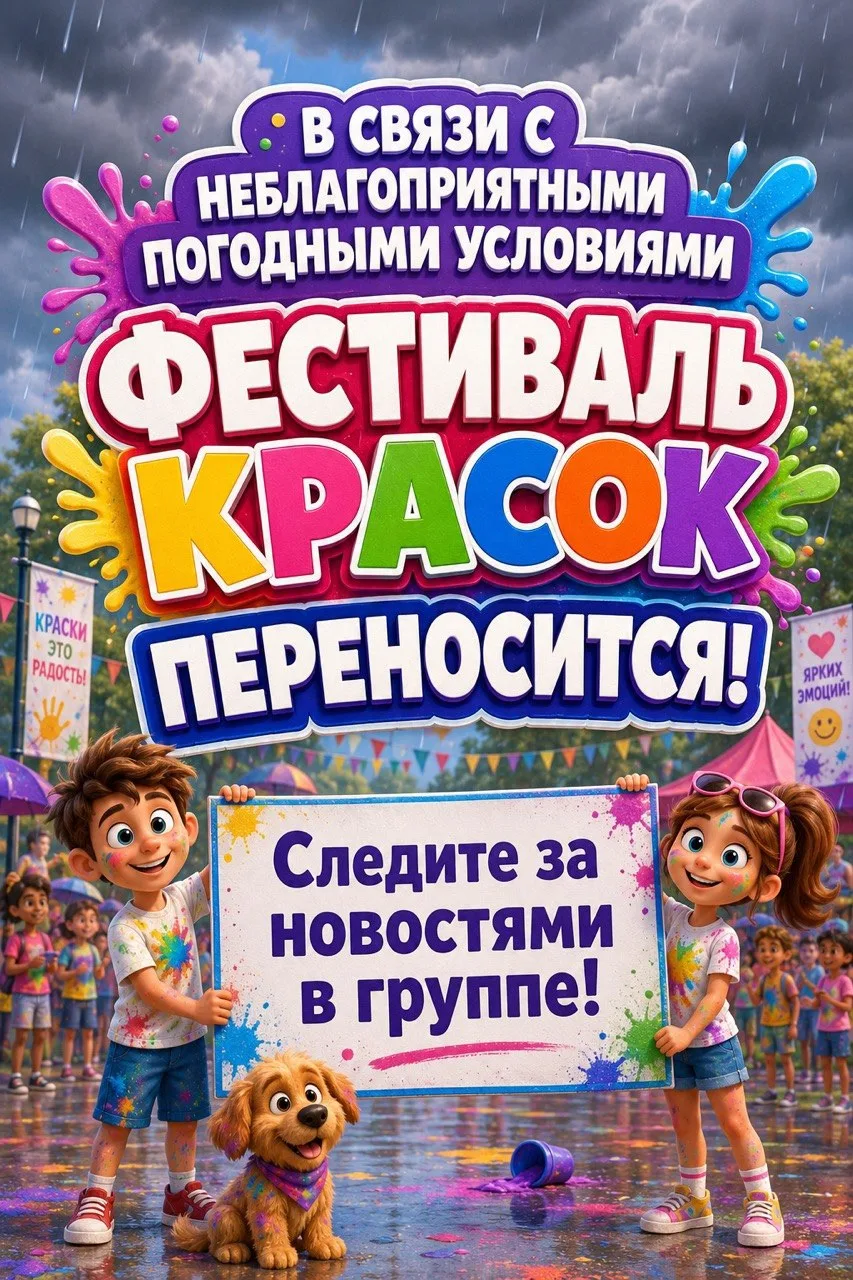 В связи с неблагоприятными погодными условиями ФЕСТИВАЛЬ КРАСОК ПЕРЕНОСИТСЯ!

Следите за новостями в