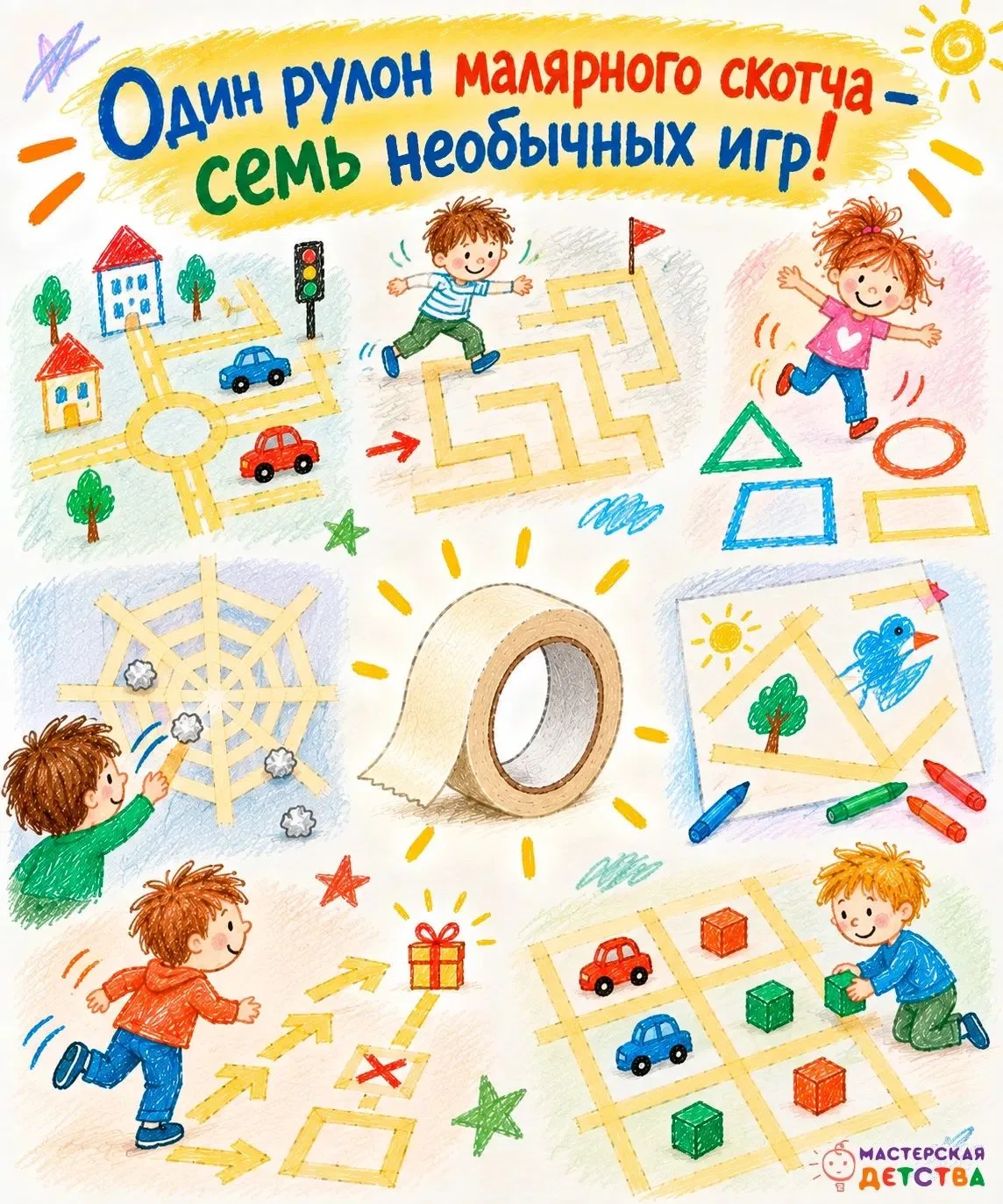 🟨 Один рулон малярного скотча – семь необычных игр!