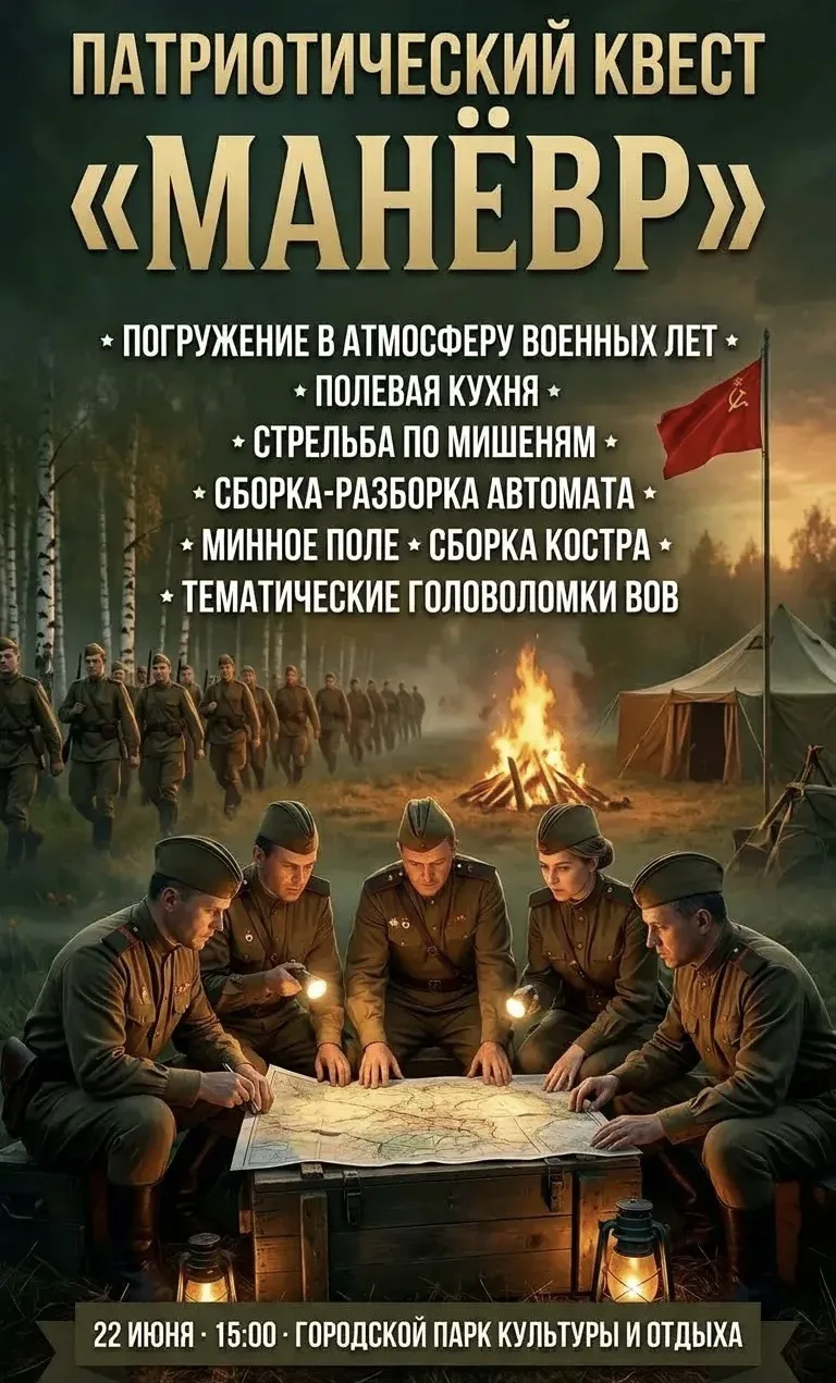 Приглашаем вас погрузиться в историю нашей страны на патриотическом квесте «Манёвр» 

📆Когда? — 22 