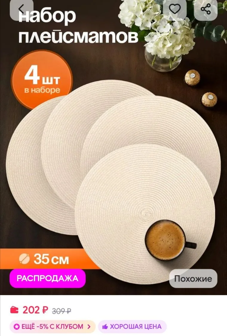 Салфетки на стол круглые под тарелки, 4 шт AMI