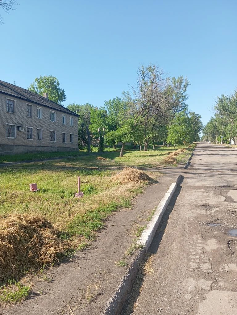Сгребание скошенной травы в газонах по ул. Кириченко