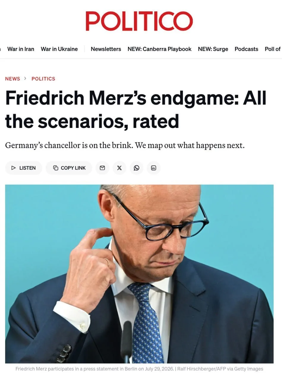 ‼️🇩🇪 Мерц оказался на грани отставки спустя всего 16 месяцев у власти — POLITICO