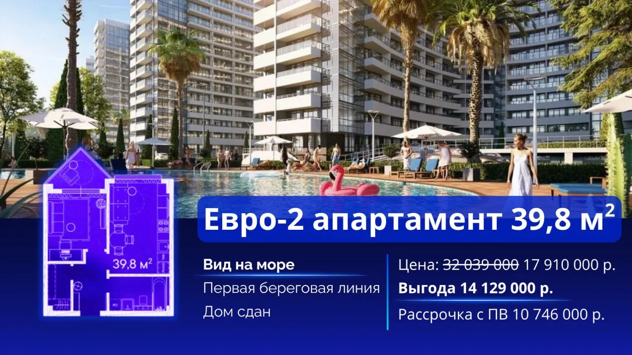Просторный апартамент на первой береговой с видом на море и скидкой 14 млн. руб.