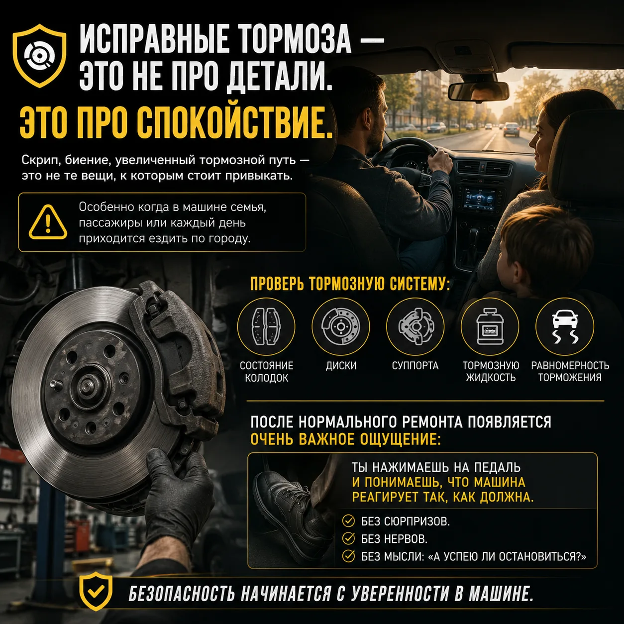 Исправные тормоза — это не про детали. Это про спокойствие.

Скрип, биение, увеличенный тормозной пу