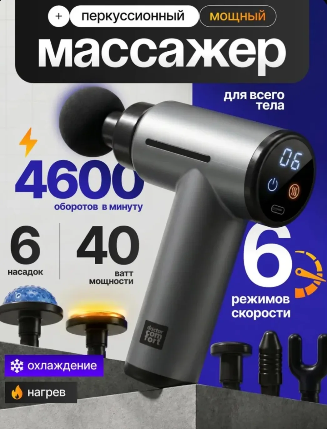 Doctor Comfort Перкуссионный массажер для тела, шеи и плеч, массажный пистолет, 6 насадок