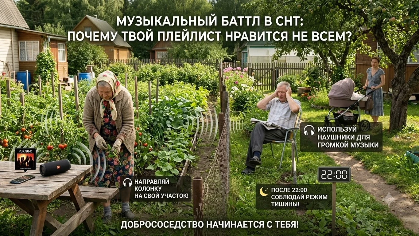 🎵 Музыкальный баттл в СНТ: почему ваш плейлист нравится не всем?
Суббота, хорошая погода, работа в 