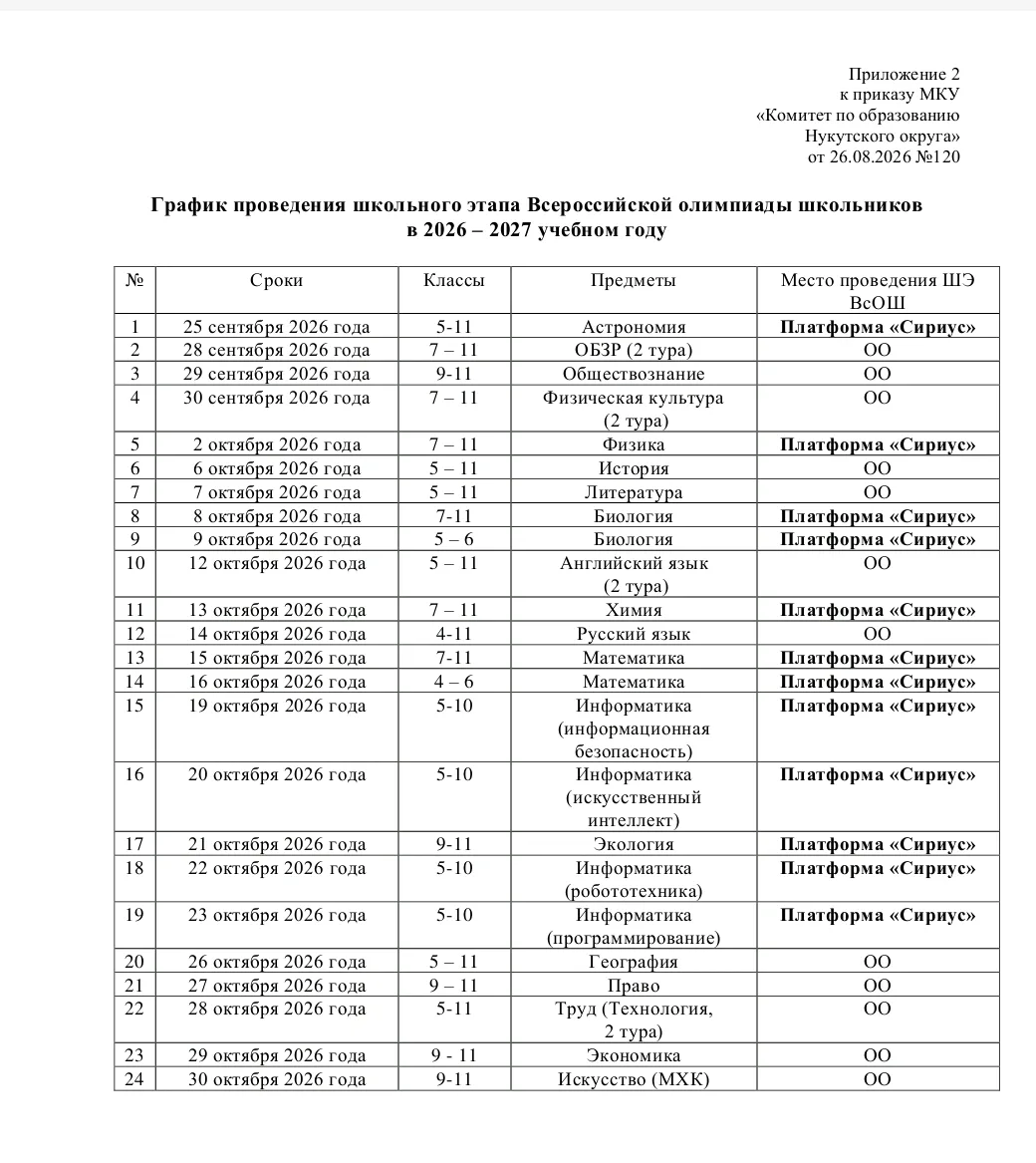 График проведения ШЭ ВСОШ 2026/2027