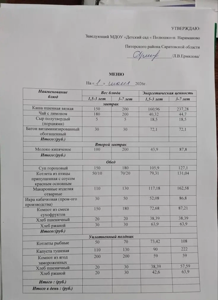 Меню на 01.06.2026г