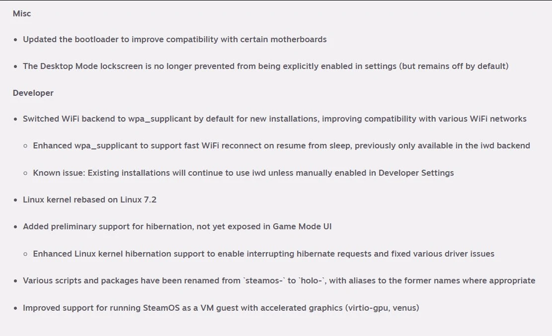 SteamOS 3.9 получила ядро Linux 7.2 и предварительный режим гибернации