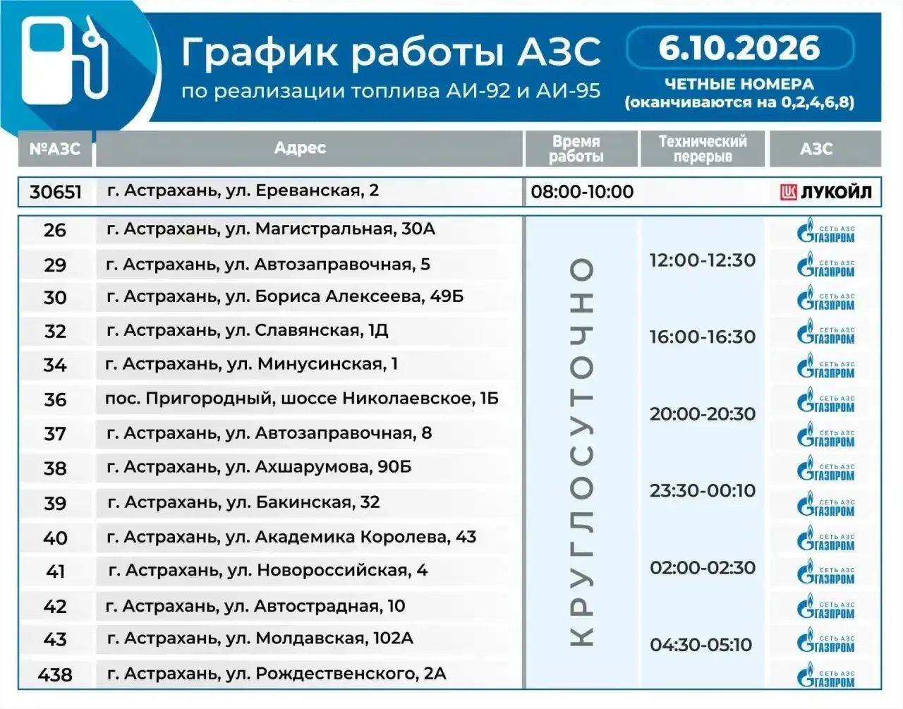 График работы АЗС на 6 октября
