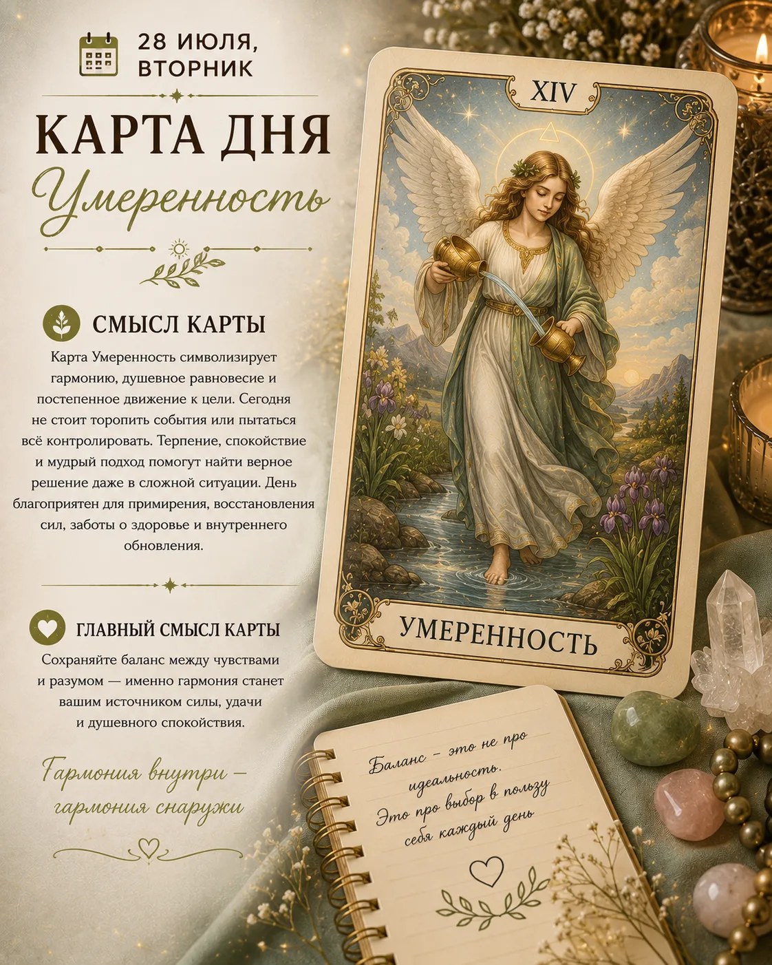 📅 28 июля, вторник — карта дня: Умеренность 🕊️

🔮 Смысл карты

Карта Умеренность символизирует га
