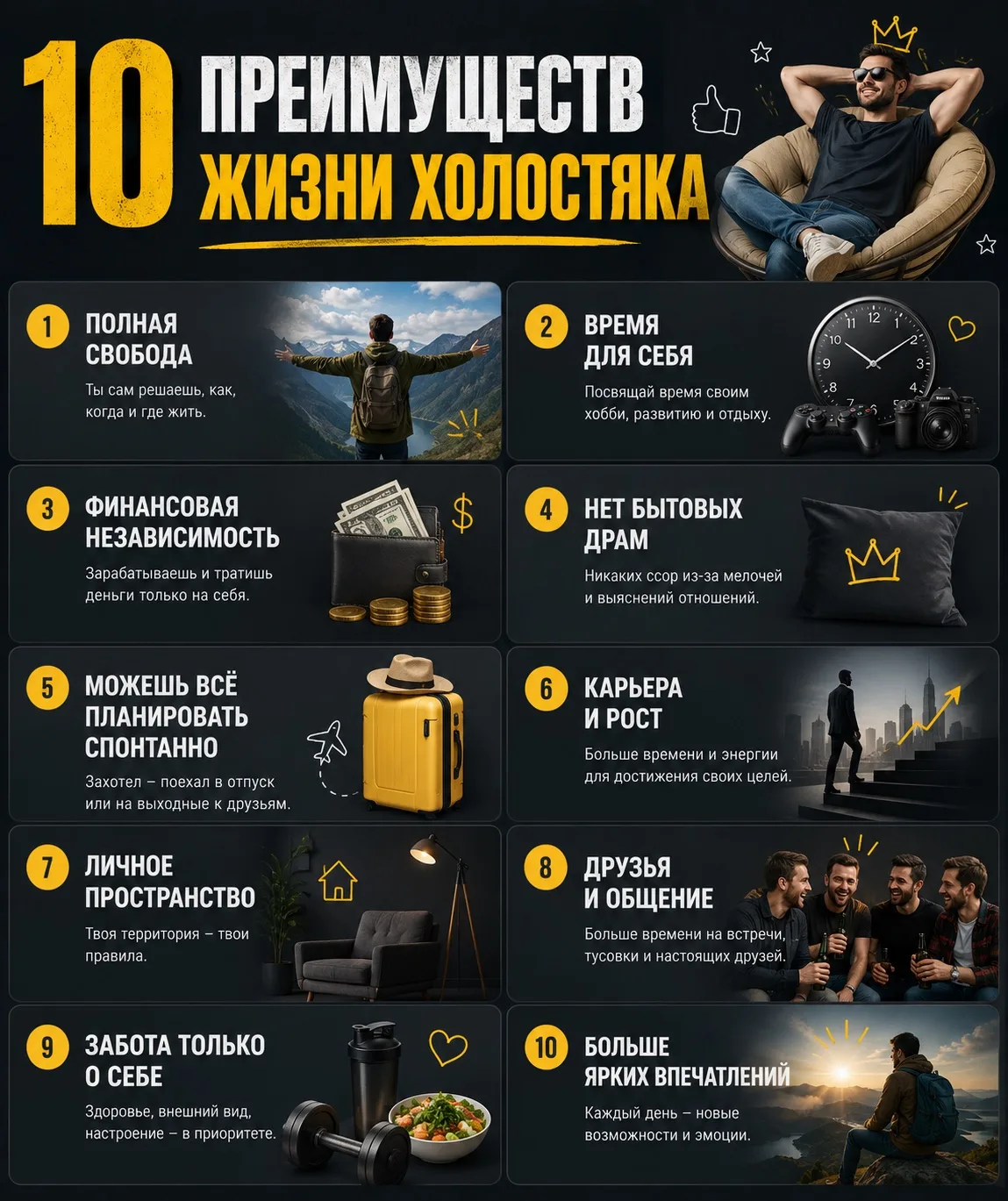 10 преимуществ жизни холостяка

😎 Пока кто-то спорит, кто сегодня моет посуду, ты:

✔️ Спишь по диа