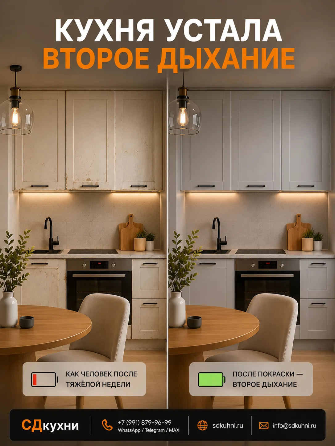 Иногда кухня выглядит так, будто пережила тяжёлую неделю вместе с вами.
 
Потёртости.
Уставший цвет.