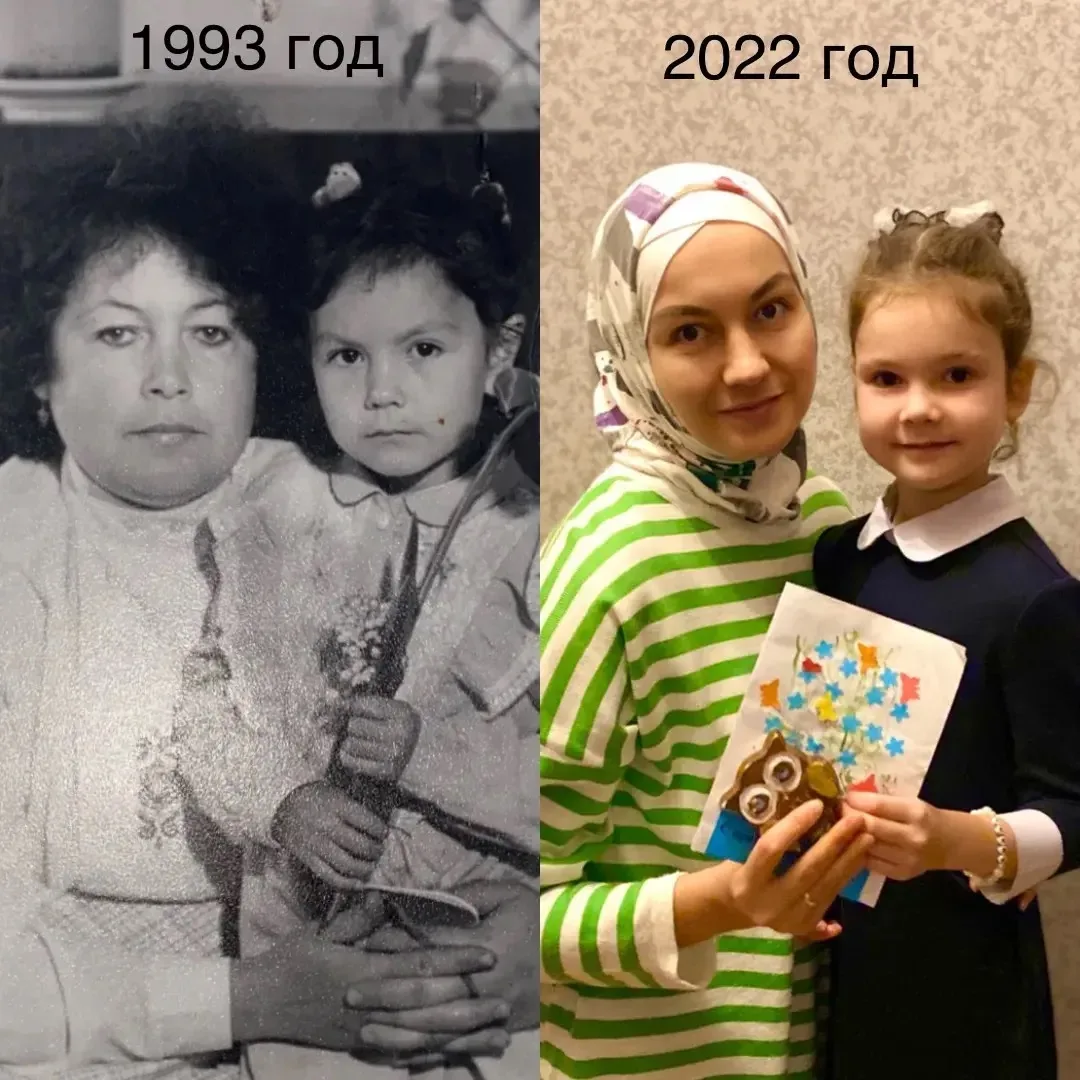 На фото Амина с прабабушкой, Зиннуровой Марьям, 94 года сейчас ей. На фото бабушка моло...