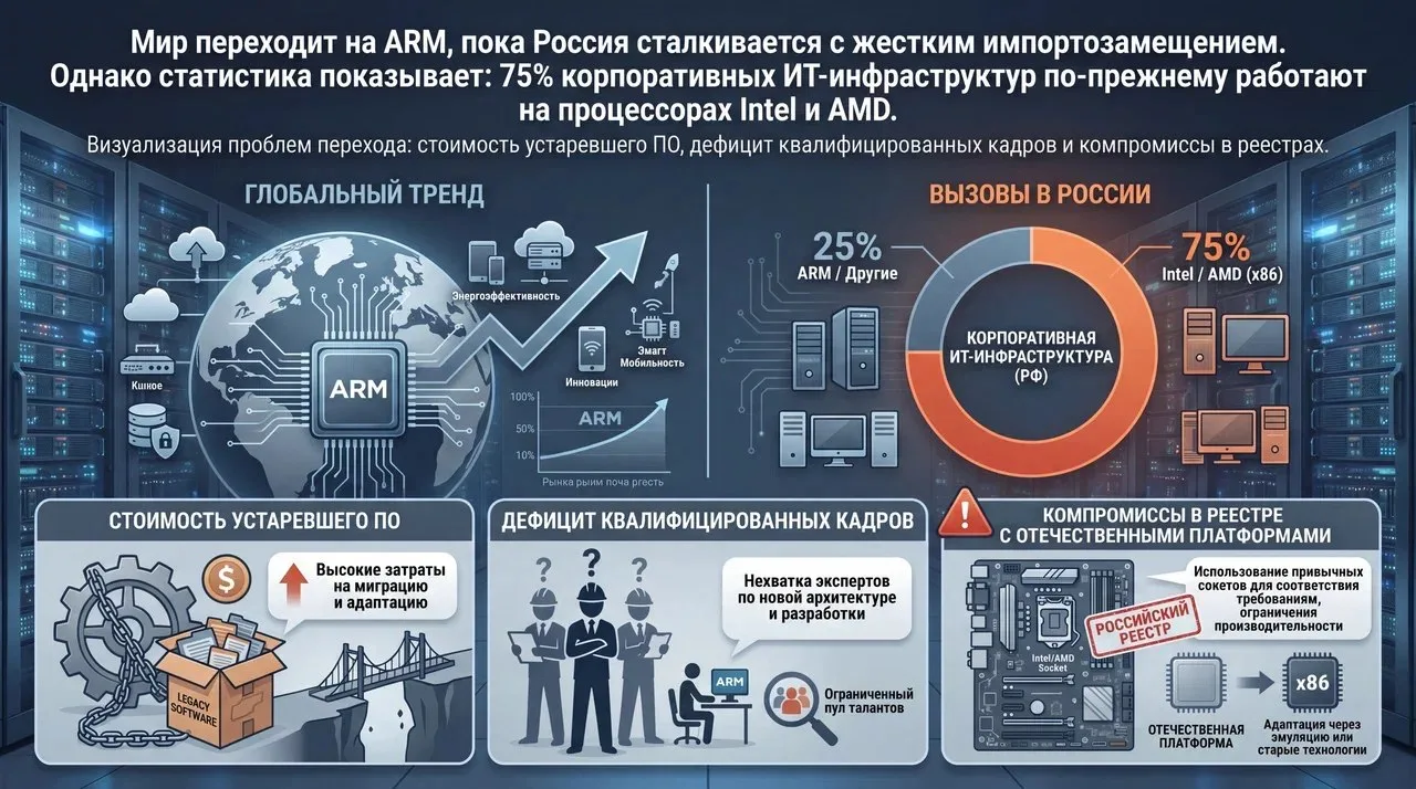 Мир захватывает ARM, а в России идет жесткое импортозамещение. Но статистика сурова: 75% корпоративн