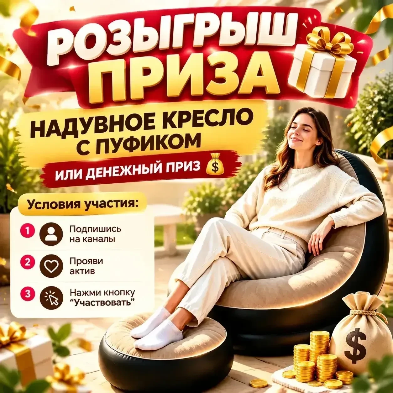 Дарим надувное кресло с пуфиком или деньги 💴