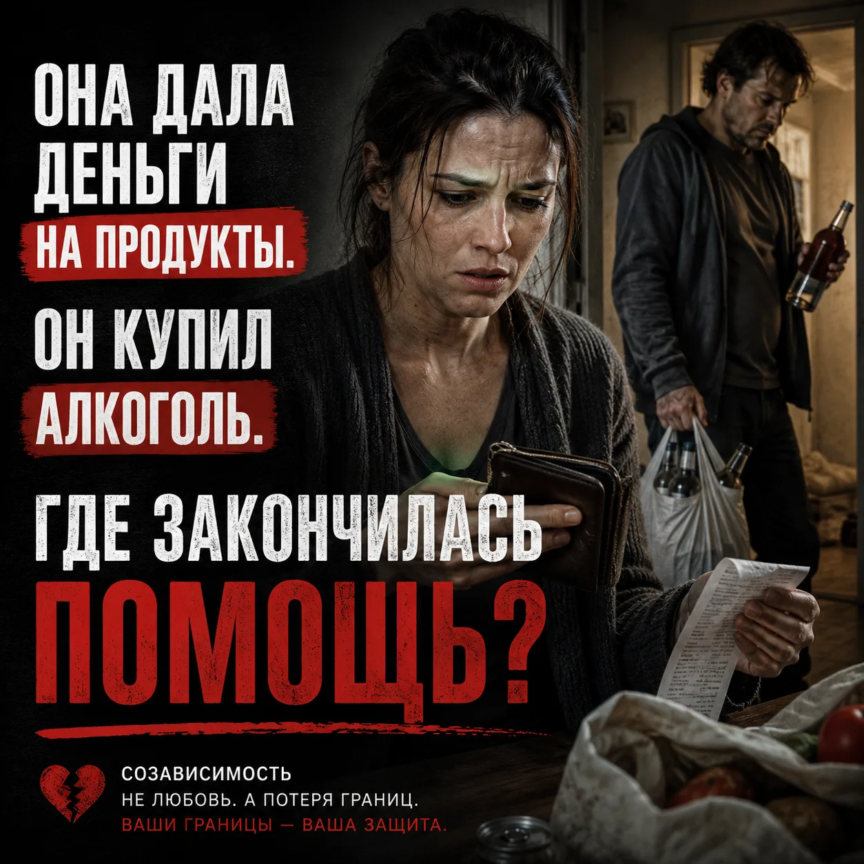 «Она попросила купить продукты после работы. Он спустил всё на алкоголь» 🥖🍷

Давайте разберём сцен