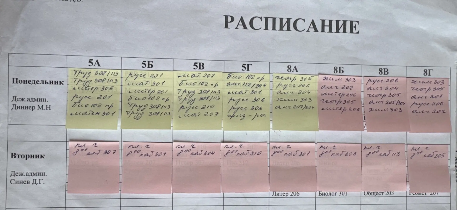 Расписание на понедельник и вторник