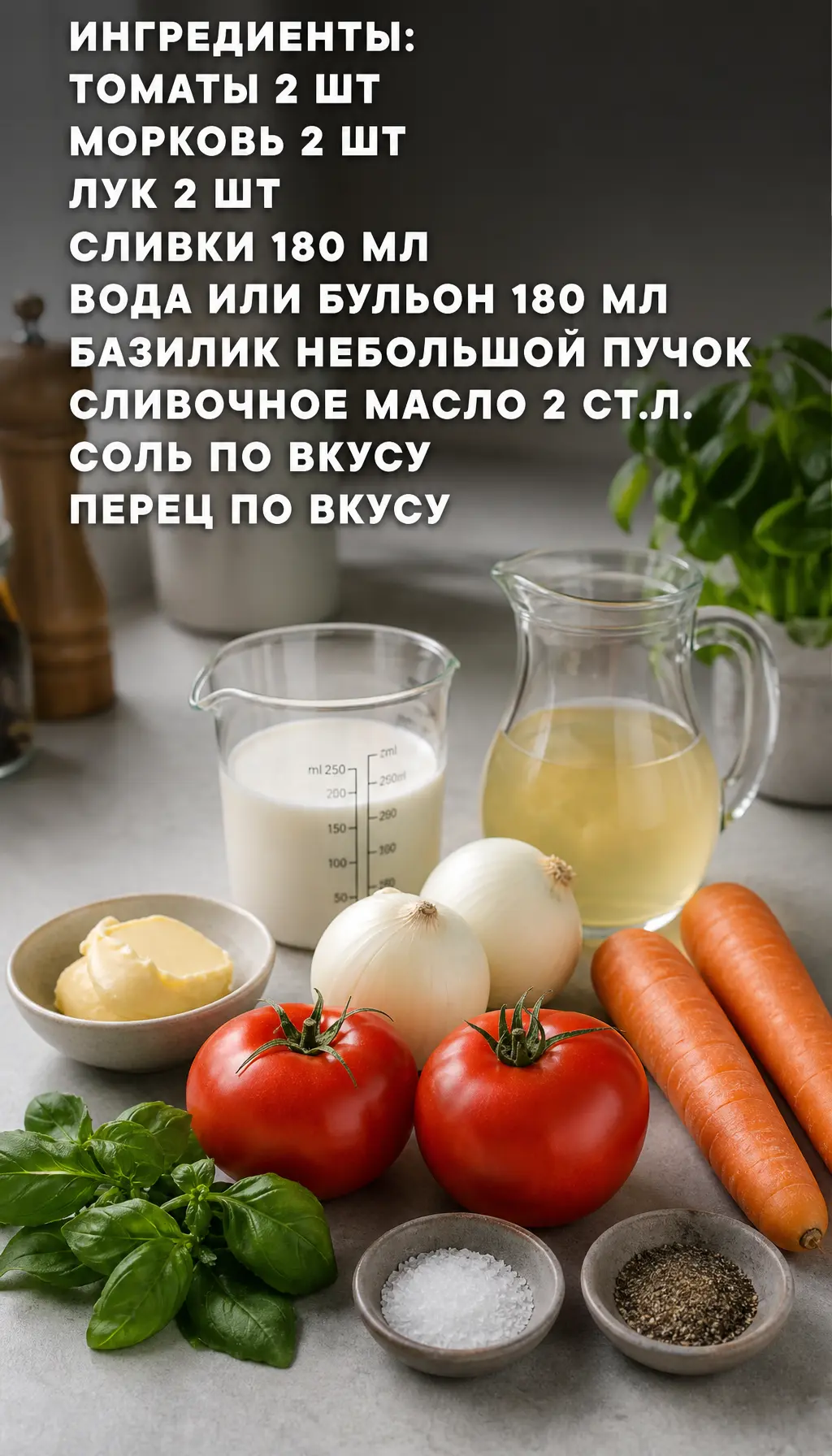 Крем-суп из томатов

Ингредиенты:  
• томаты — 2 шт.  
• морковь — 2 шт.  
• лук — 2 шт.  
• сливки 