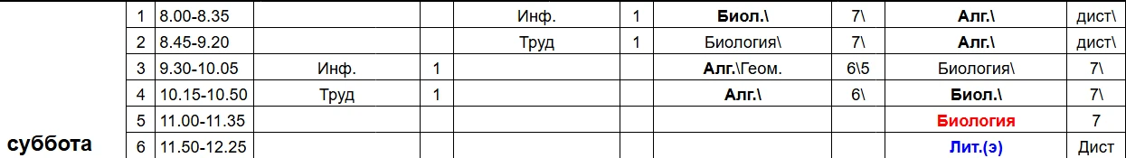 Расписание уроков на завтра (суббота):