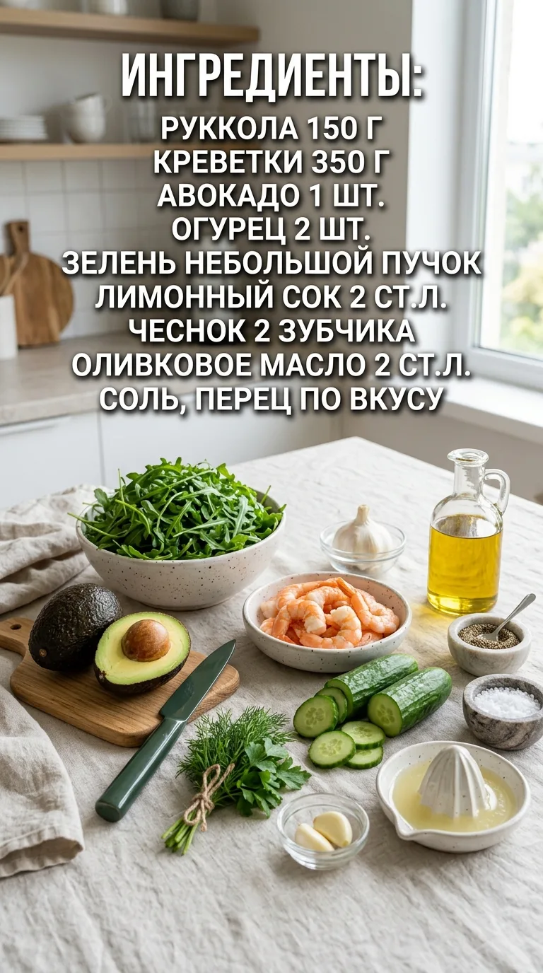 Салат с креветками и авокадо

Ингредиенты:
руккола — 150 г
креветки — 350 г
авокадо — 1 шт.
огурец —