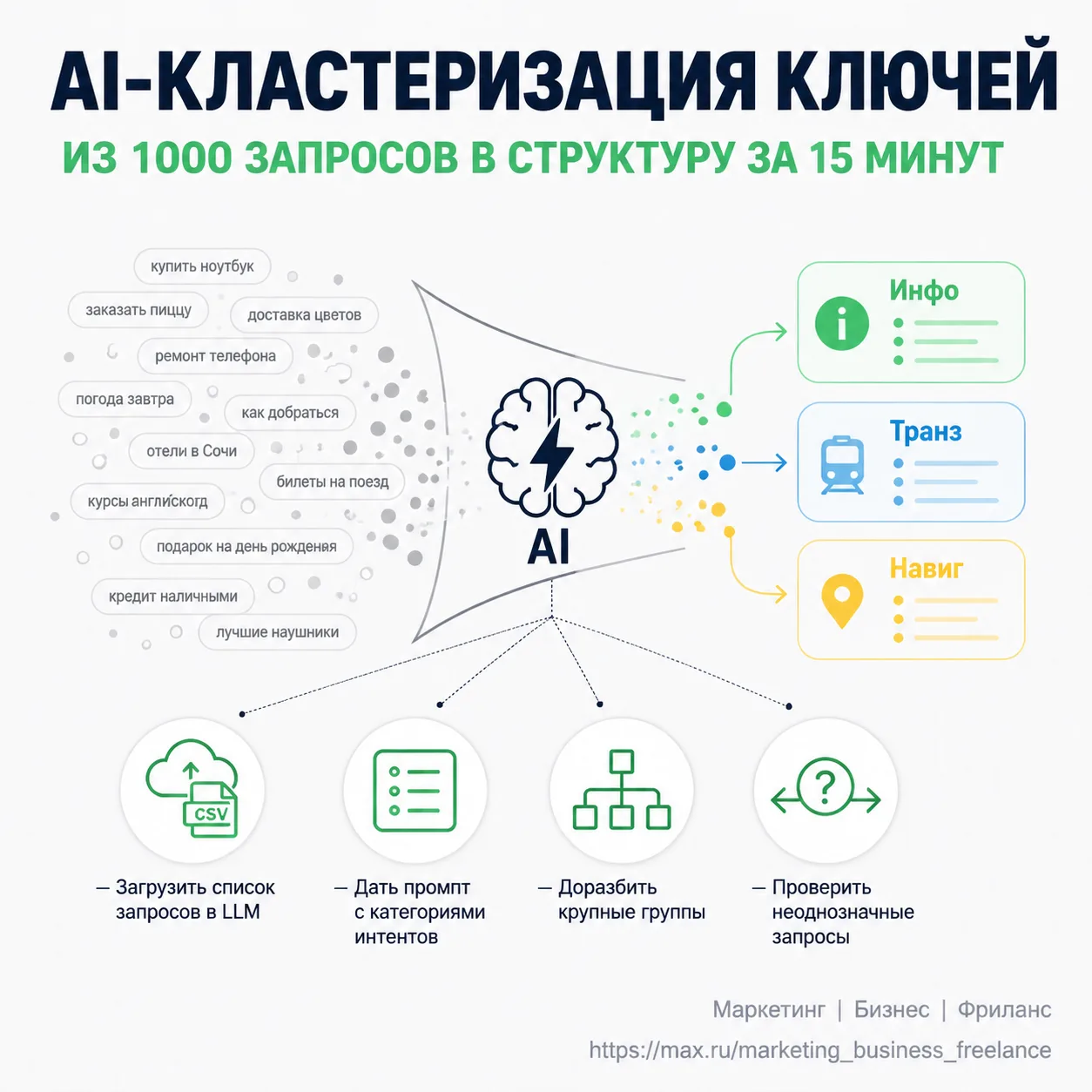 Алгоритм группировки тысяч поисковых запросов по интентам пользователей с помощью ИИ за 15 минут вме