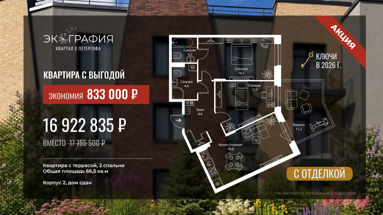 🔥 Минус 833 000 ₽ на просторную евро 3-комнатную квартиру с просторной террасой.