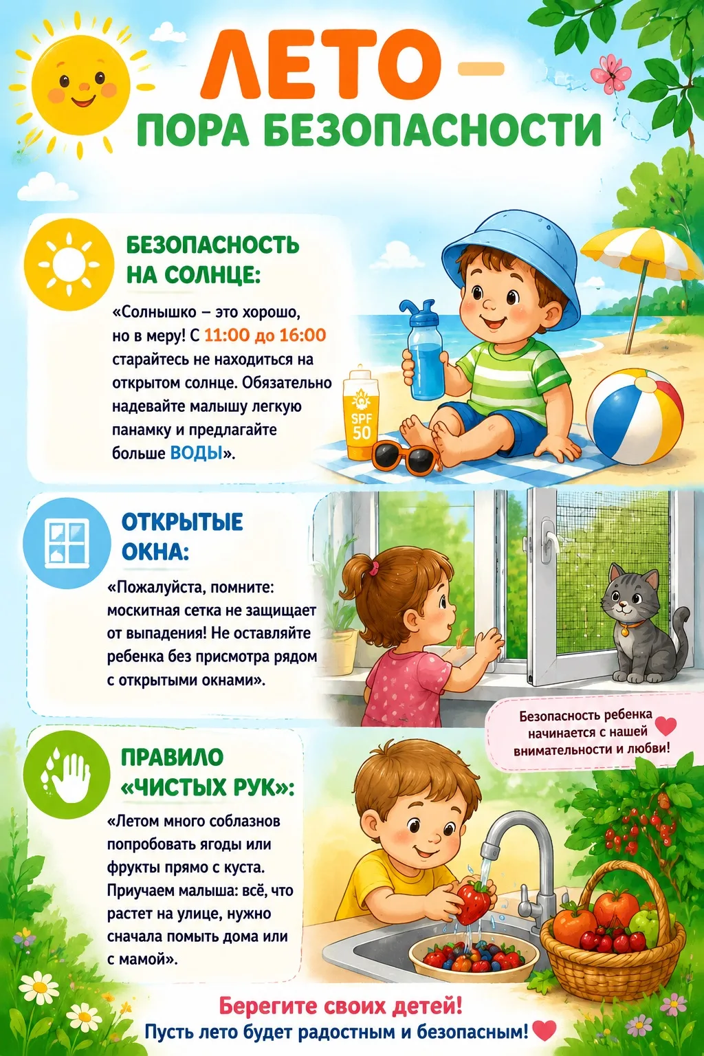 🌞 Памятка для родителей: детская безопасность летом

Уважаемые родители! Лето — время радости, тепл