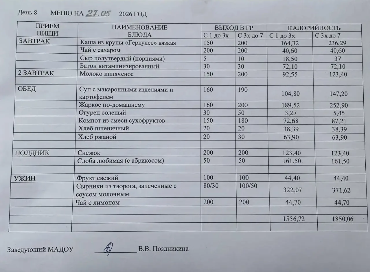 МЕНЮ на 27.05.2026г.