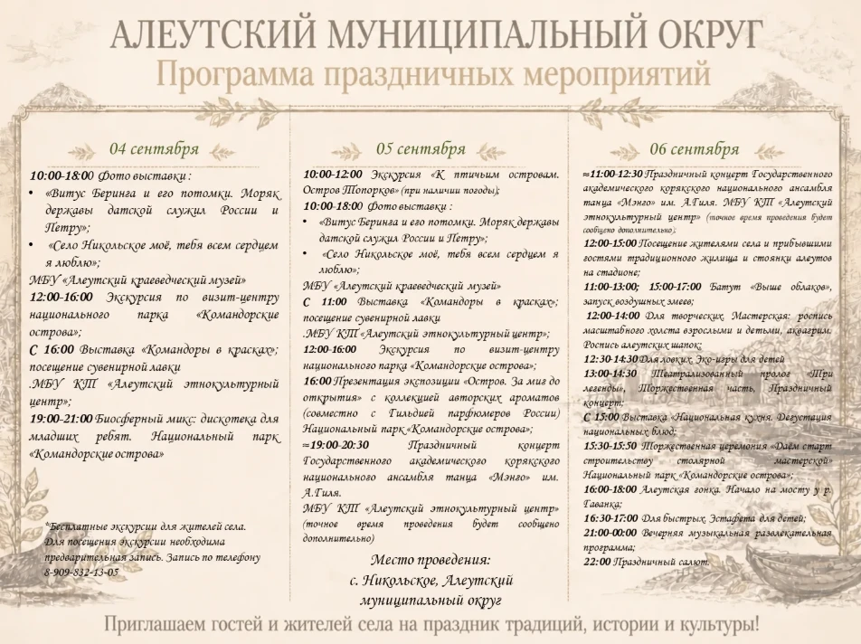 🎉Программа праздничных мероприятий к 285-летию открытия Командорских островов, 200-лет...