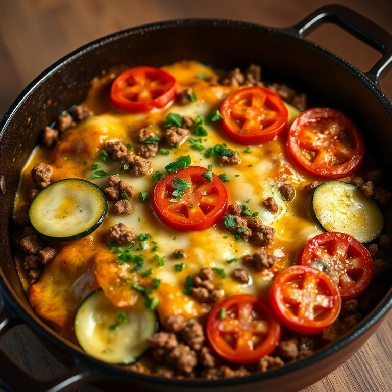 Запеканка с кабачками и мясным фаршем

Питательная запеканка из кабачков с мясным фаршем, помидорами
