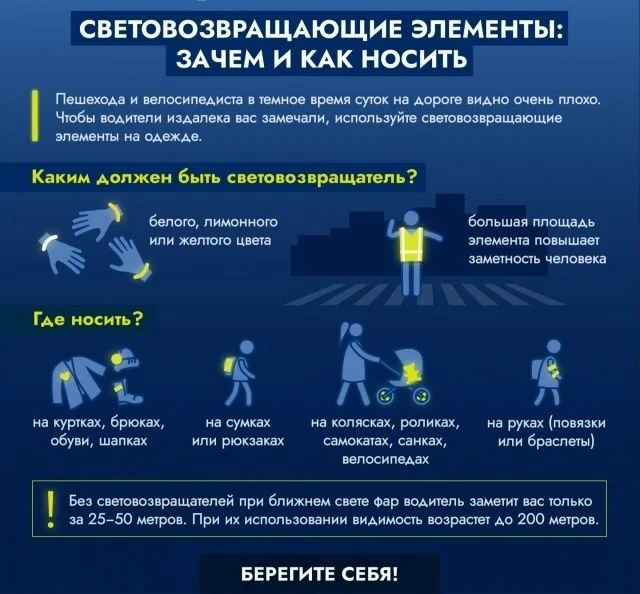 БЕРЕГИТЕ СЕБЯ! ИСПОЛЬЗУЙТЕ СВЕТОВОЗВРАЩАЮЩИЕ ЭЛЕМЕНТЫ ПРИ ДВИЖЕНИИ ПО ДОРОГАМ В ТЕМНОЕ ...