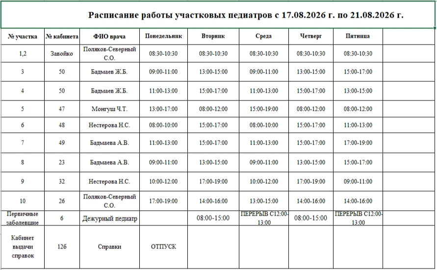🥼🕐Расписание работы специалистов  с 17.08.2026 г. по 21.08.2026 г.