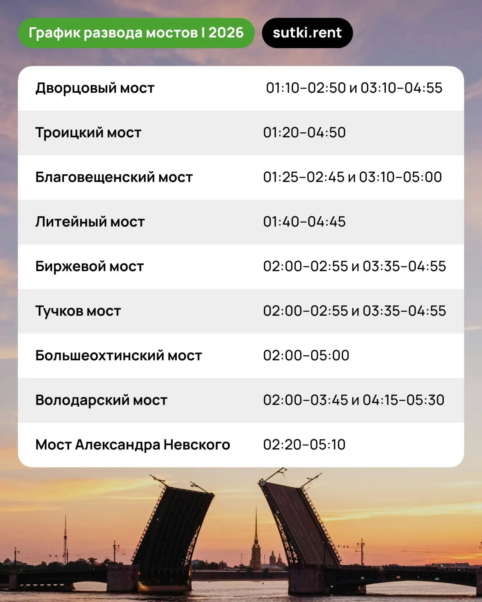 👋 Подготовили таблицу с графиком развода мостов этим летом, сохраняйте, чтобы всегда была под рукой