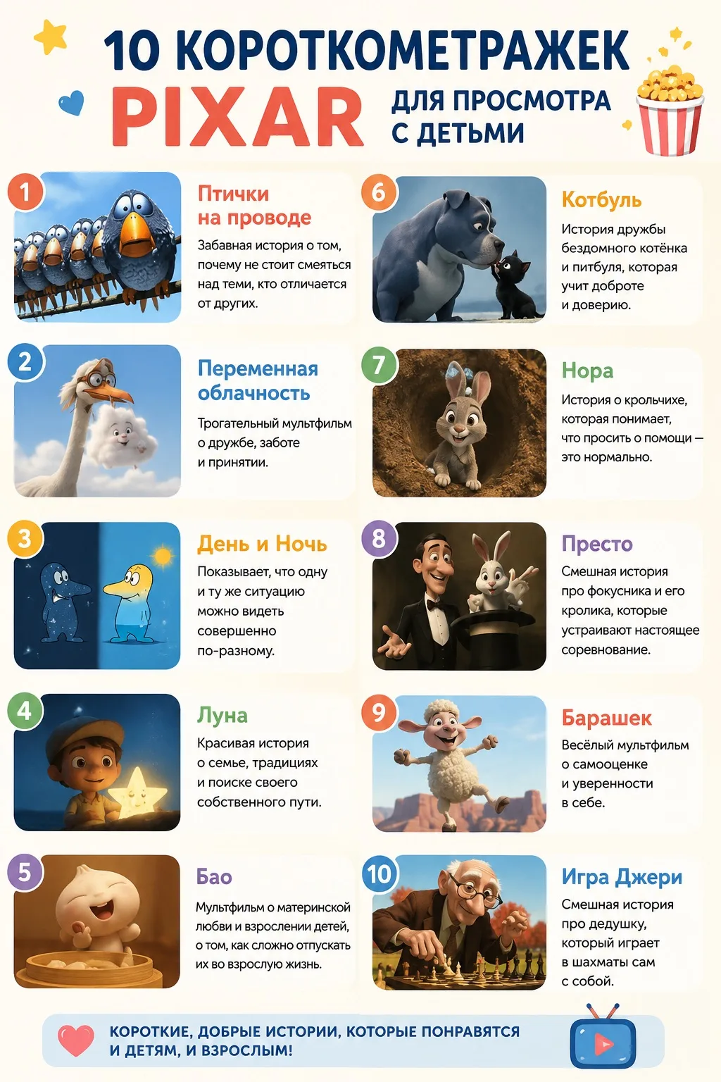 Мы с Варей открыли для себя короткометражки от Pixar🎬

На картинке 10 мультфильмов с высоким рейтин