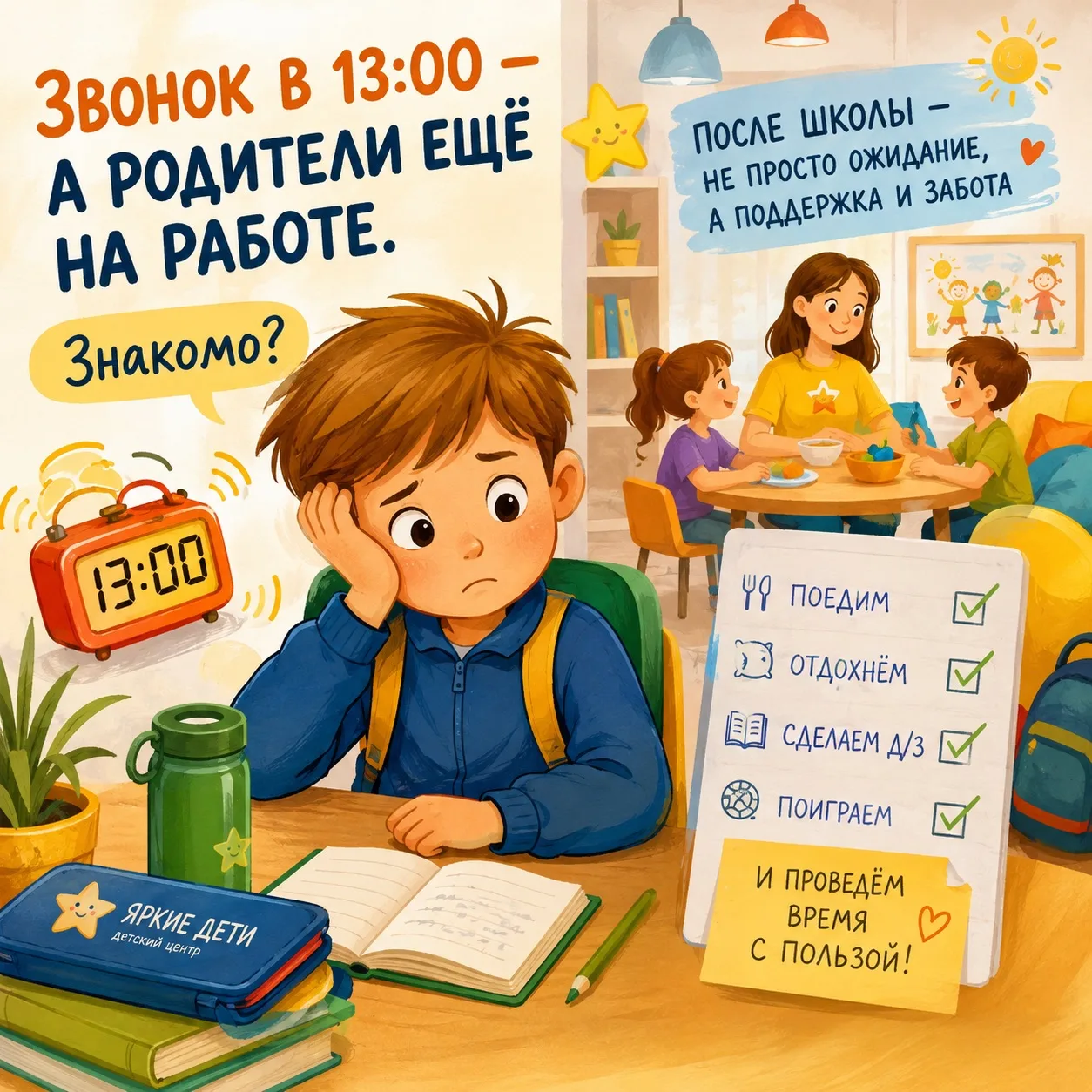 🎒 Звонок в 13:00 — а родители ещё на работе. Знакомо?