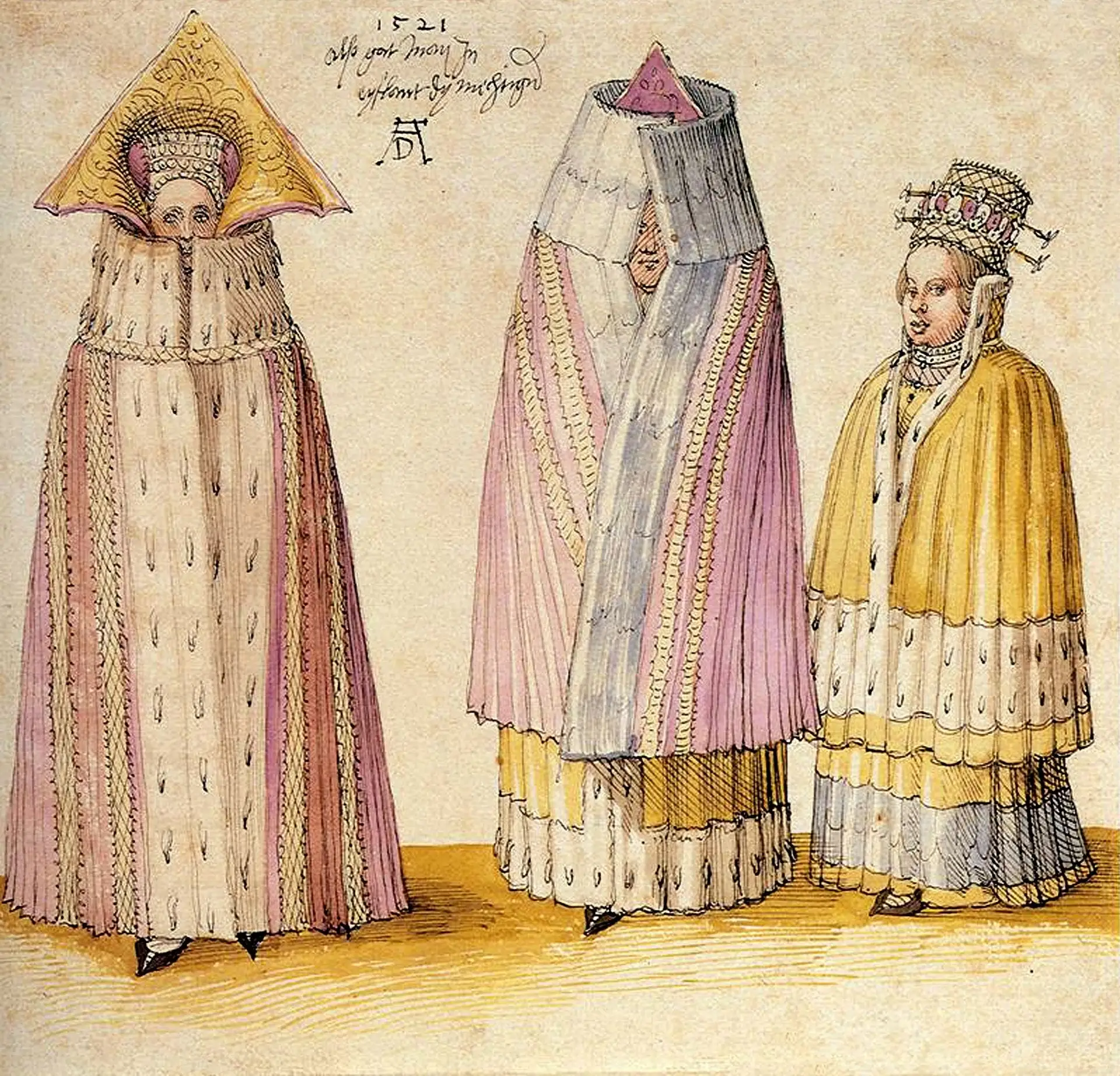 Альбрехт Дюрер
"Три знатные дамы из Ливонии" (Drei edle Frauen aus Livland), 1521 г. 

Акварель на б