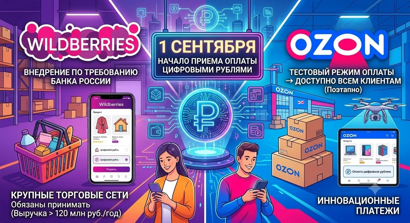 С 1 сентября Wildberries и Ozon начнут принимать цифровые рубли. Ozon запустит оплату в...