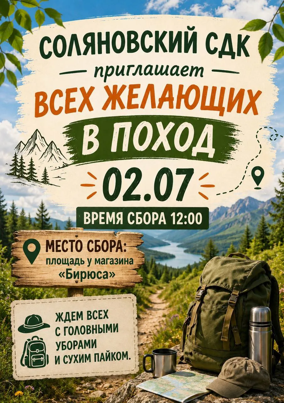 🔥 Соляновский СДК приглашает всех желающих в поход 2.07