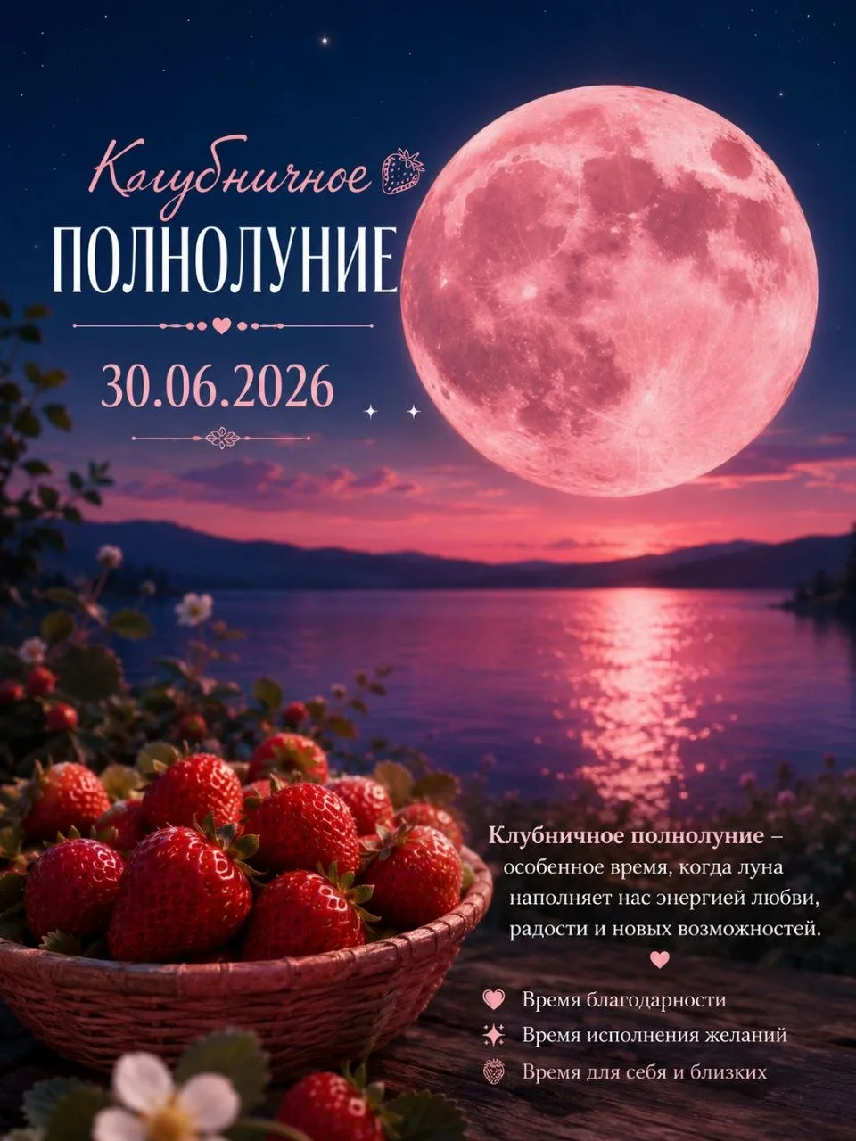 Завтра 30.06 в 02:57 наступит Клубничное Полнолуние.