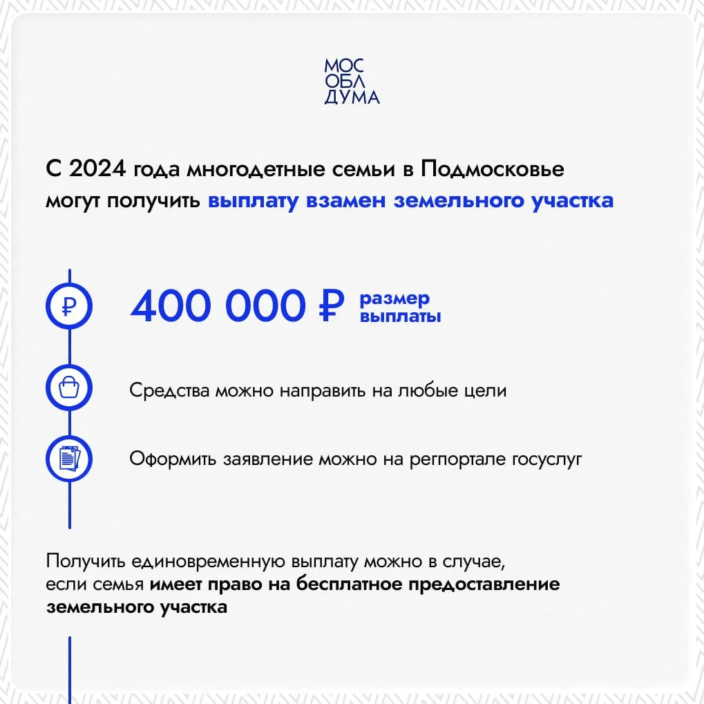 В Подмосковье более 8 тысяч многодетных семей выбрали денежную компенсацию вместо земел...