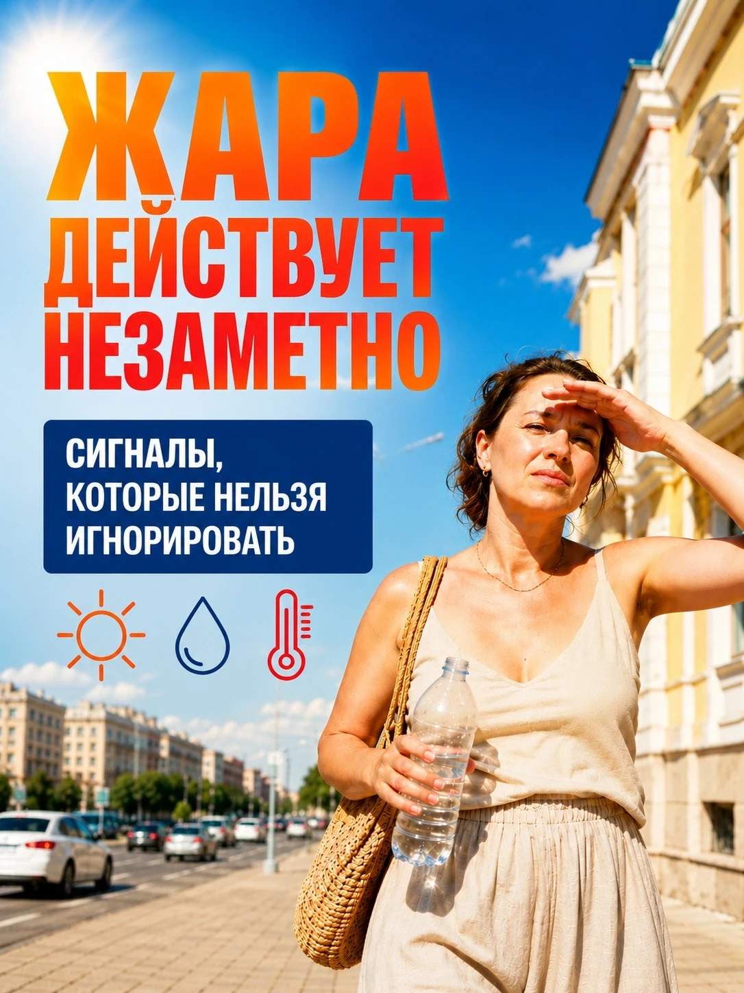 🌡️ Жара действует незаметно

Перегрев и обезвоживание могут проявляться слабостью, головной болью, 