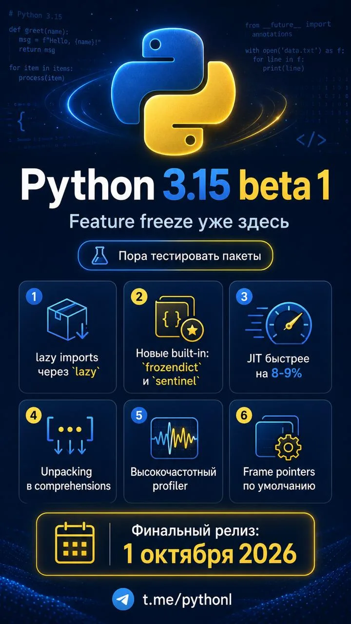 Python 3.15 beta 1 вышела в релиз  🐍
Это значит, что крупные фичи для релиза фактически зафиксирова