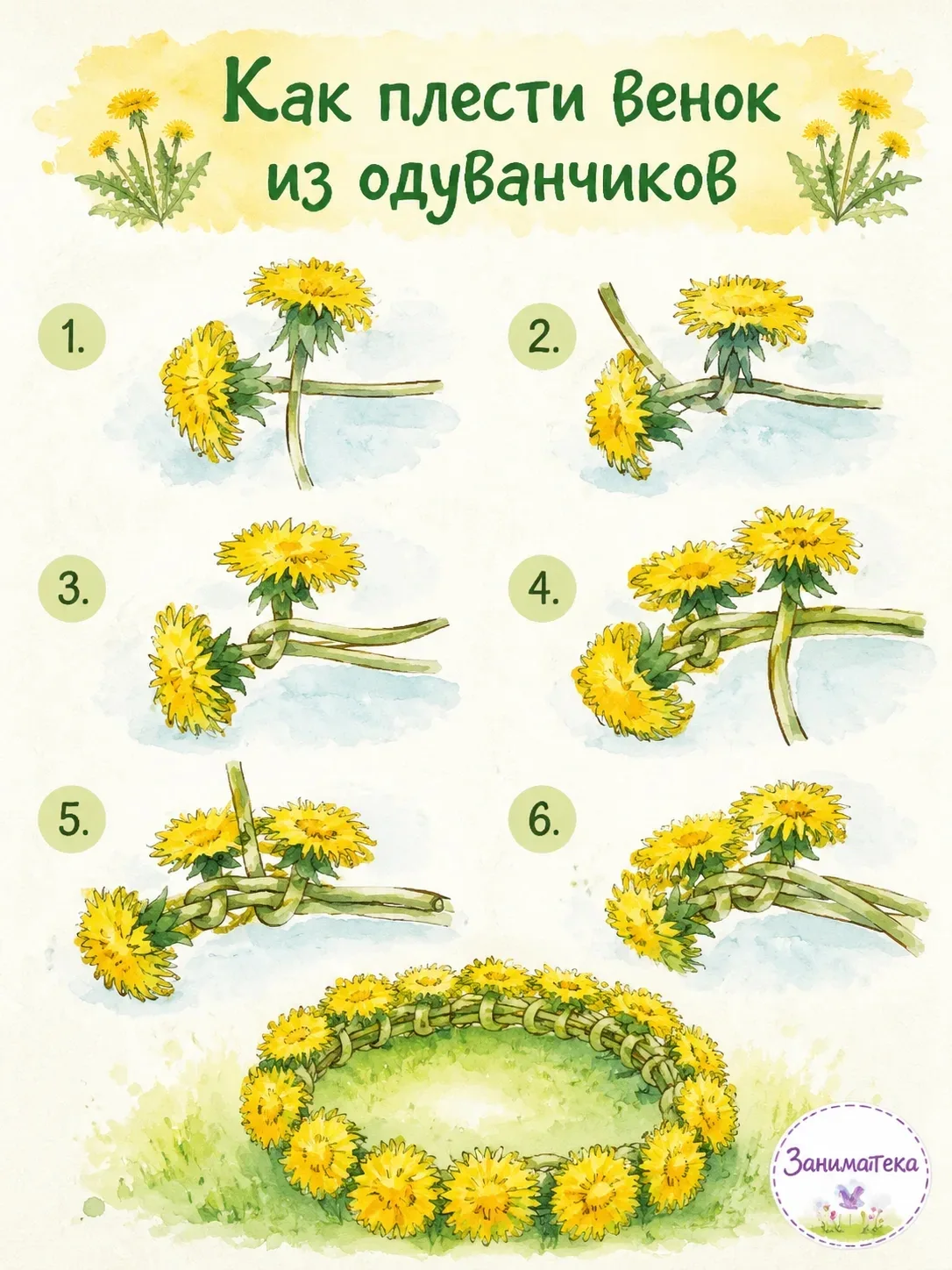 Как плести венок из одуванчиков (или любых других цветов)